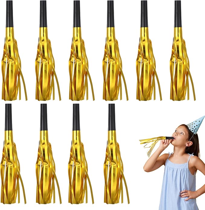 24 Pcs Party Horns, Party blowers Noise Makers, Graduation Noise Makers Glitter Metallic Fringed Birthday Blowers for Wedding Birthday Graduation Ceremony Festival (Gold)
