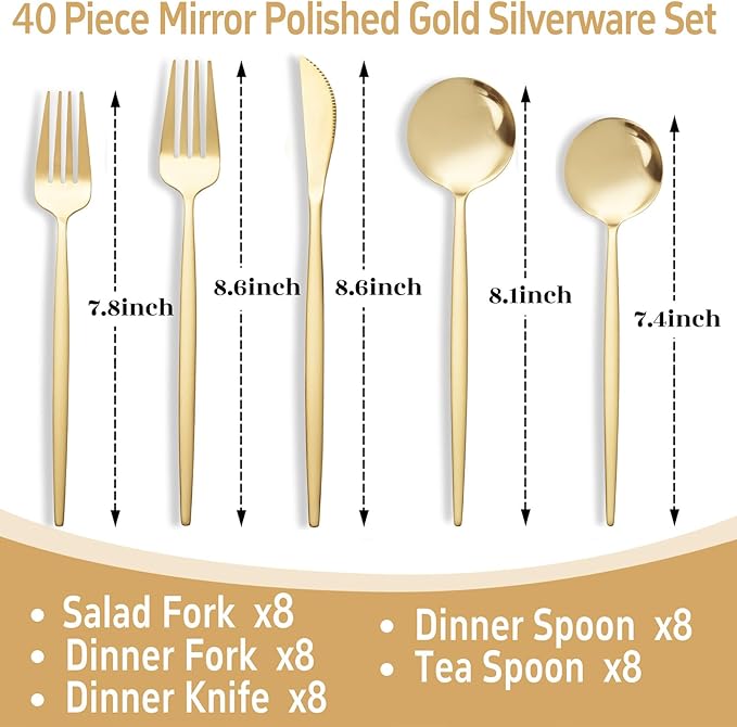 NOCCUR 40-Piece Gold Silverware Set for 8 - Stainless Steel Gold Flatware Set Include Knives, Spoons and Forks for Home/Party/Thanksgiving