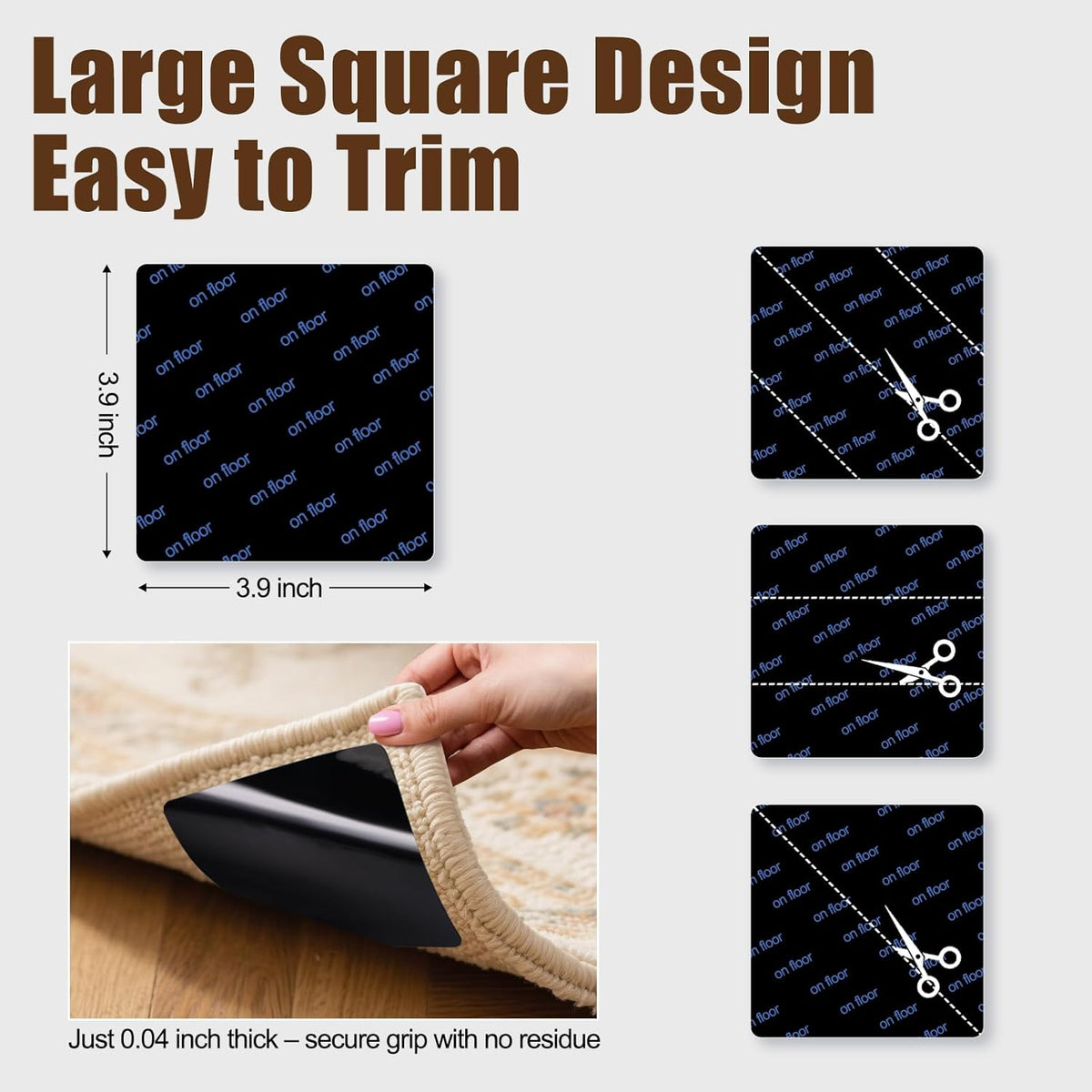 Premium Rug Grippers & Carpet Tape – 8PCS Square Anti-Slip Pads for Area Rugs, 3.9 Inch, Prevent Curling & Sliding, Ideal for Hardwood, Tile, Marble, and Laminate Floors