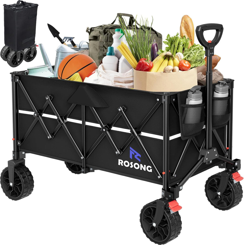 Collapsible Wagon Cart with Wheels Foldable - Folding Utility Heavy Duty Wagons Carts for Grocery Sports Garden Shopping Camping Wheelbarrows (Black, 150L)
