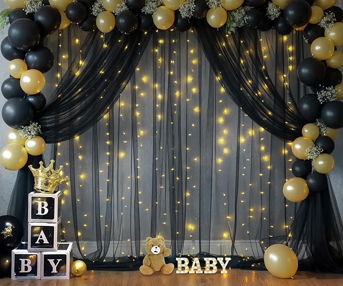 20ft x 10ft Black Tulle Photo Backdrop Curtain with Lights String for Parties Sheer Black Curtain Backdrop for Birthday Party Baby Shower Wedding Photo Booth Photography Background Decorations