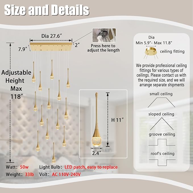 14-Light Modern LED Pendant Lighting Fixture for Kitchen Island Raindrop Crystal Chandelier Gold Chandelier for Dining Room High Ceiling Chandeliers for Staircase Foyer Hallway Villa