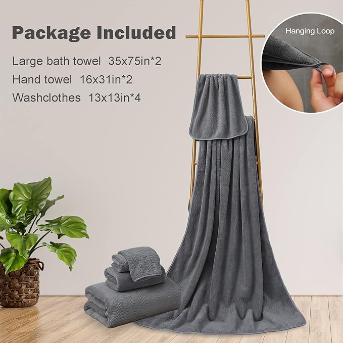 Grey Bath Towels Set of 8, Bathroom Towel Quick Dry Textured,2 Oversized Shower Towels Large/2 Hand Towels/4 Washcloths, Ultra Soft Microfiber Absorbent Bath Sheets for Bathroom Hotel Spa