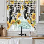 Retro Sunflowers Swag Valances for Windows, Farmhouse Floral Cow Butterfly Black Plaid Rod Pocket Kitchen Curtains Valance, Kitchen Window Curtains Swag for Cafe Living Room, 2 Panels, 36x63 inch
