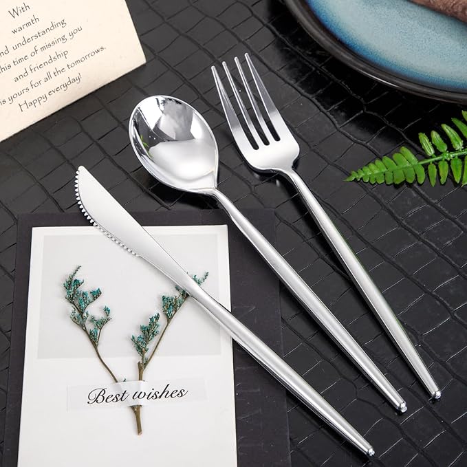 SUT 600PCS Heavy Duty Disposable Silverware - Includes 200 Knives, Forks and Spoons - Silver Plastic Utensils Set for Party/Wedding