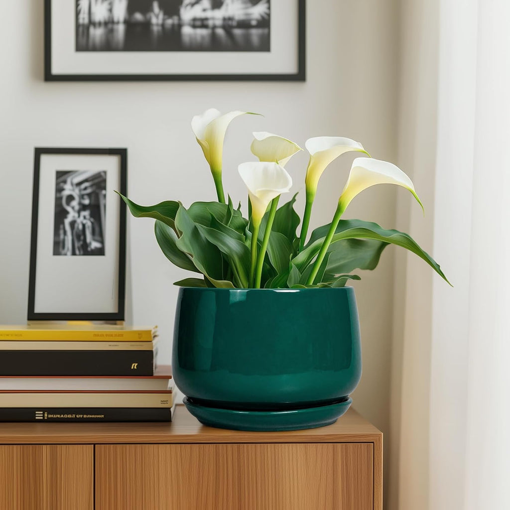 G EPGardening Ceramic Pots for Plants - 9 Inch Ceramic Planter for Indoor Plants, Round Planter with Drainage and Saucer, Modern Flower Pots for Outdoor, House Decor, Garden Gifts, Green