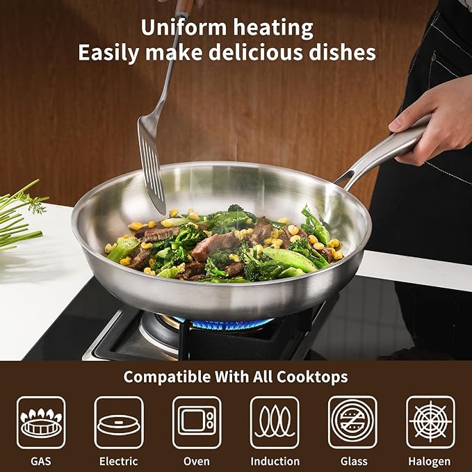 Tri-Ply Stainless Steel Pan Set, PFOA and PTFE-Free Skillet Griddle, Stainless Steel Pan Set with Lid for the Kitchen, Induction-Compatible Cookware Sets, Dishwasher and Oven Safe