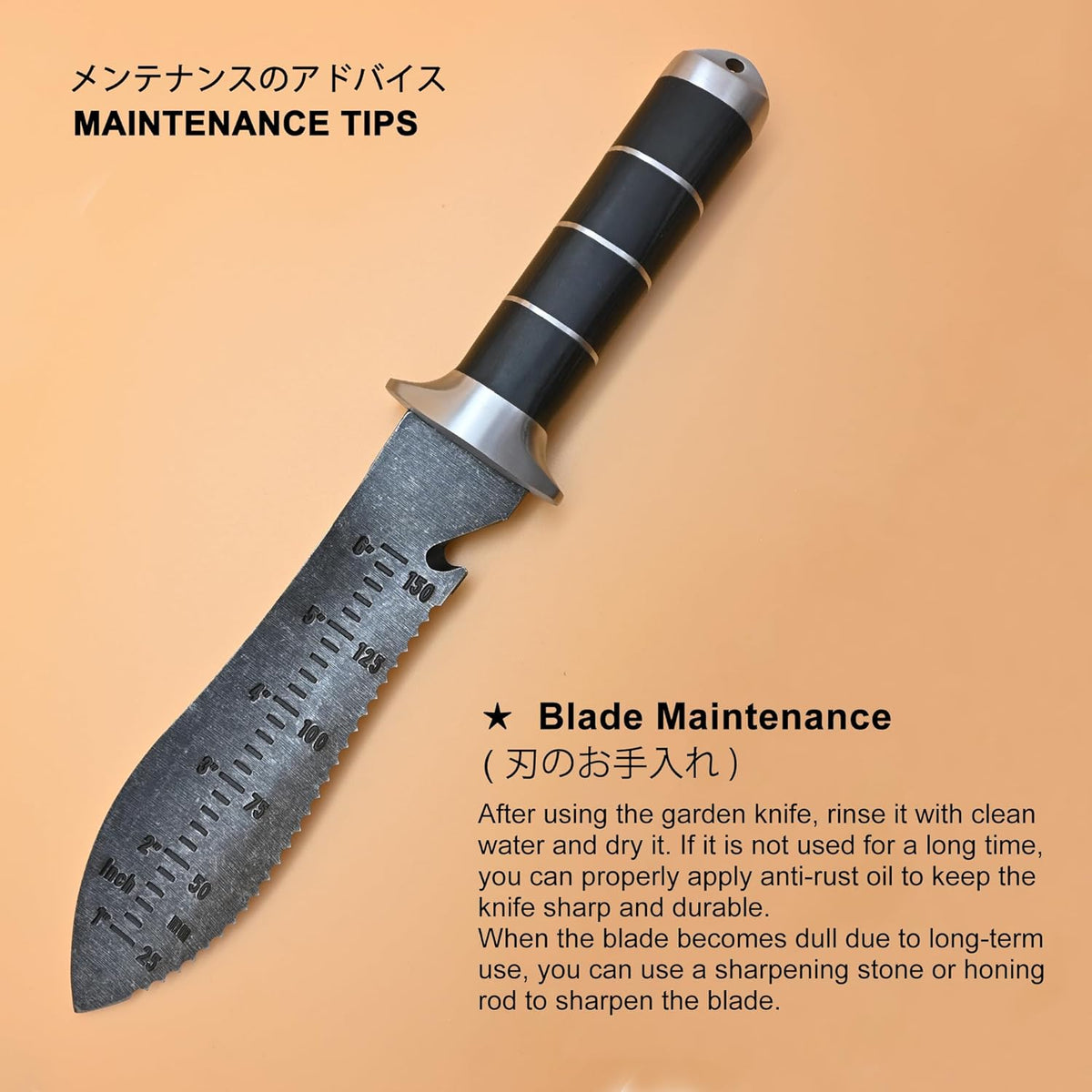 TONMA Hori Hori Garden Knife [Made in Japan] Heavy Duty Stainless Steel Japanese Hori Knife with Sheath Garden Tools for Weeding, Digging, Cutting, Pruning, 7.25-Inch Blade, Full Tang
