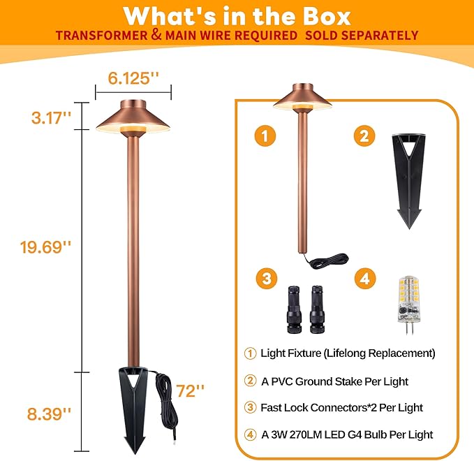 Low Voltage Landscape Lighting Brass, 12v Pathway Lights Waterproof, Hard Wired Path Light Outdoor, Mushroom Copper for Exterior Area Patio House with 3W 270LM 3000K G4 Bulb (6 Pack)
