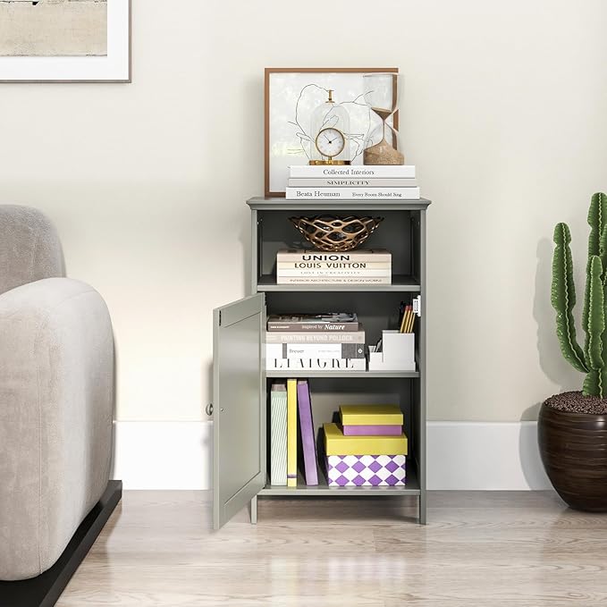 Tangkula Bathroom Storage Cabinet, Freestanding Wooden Single Door Side Floor Organizer with Adjustable Shelf, Small Bathroom Cabinet for Small Spaces, Living Room (Grey)