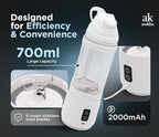 Rechargeable Smoothie Blender 700ml – Portable Mini Travel Blender for Shakes and Smoothies with Six Stainless Steel Blades and USB Charging (White)