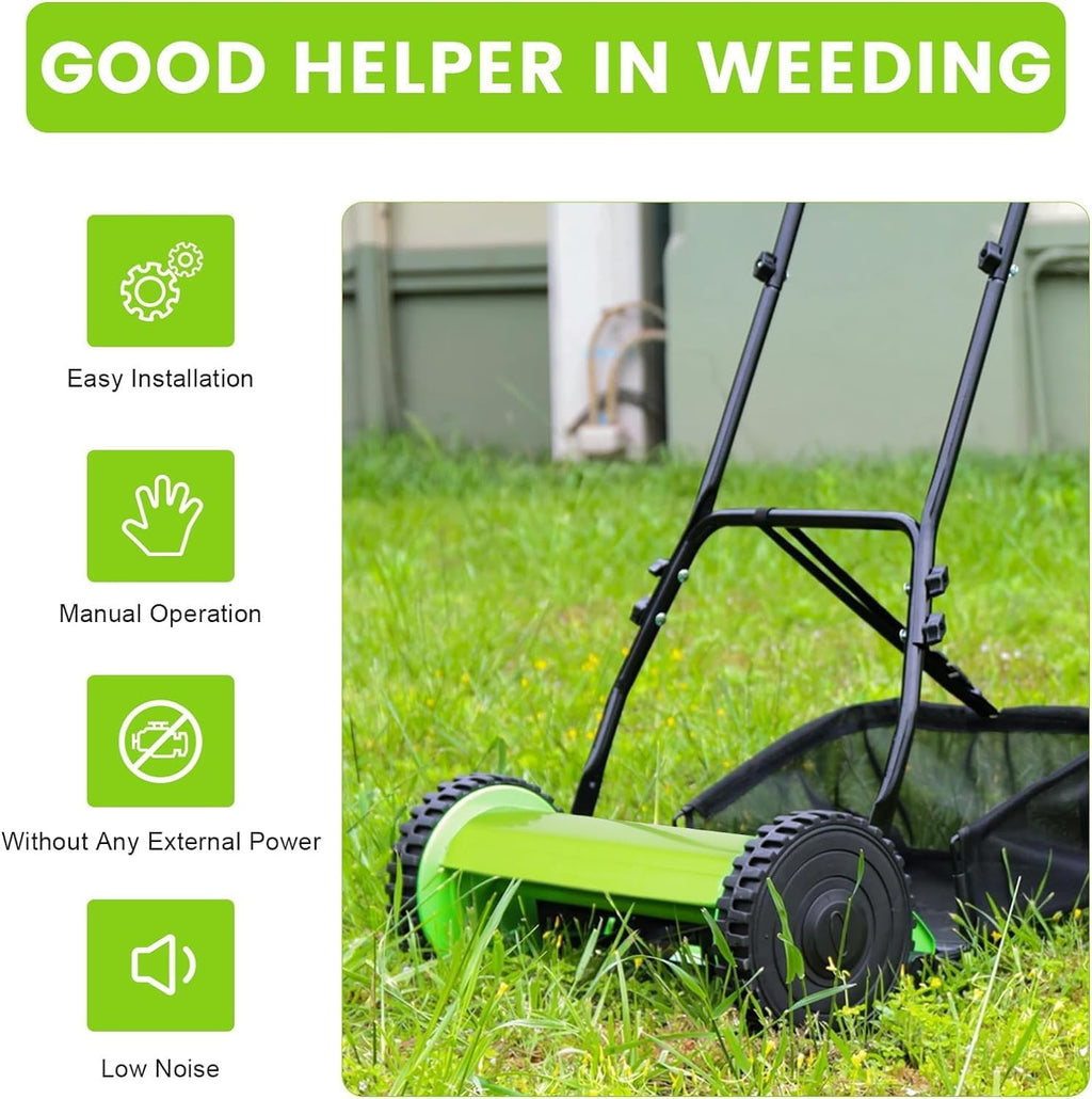 12 Inch Manual Push Reel Lawn Mower with Adjustable Mowing Height, 5 Blades and Collection Bag, Push Lawn Sweeper Grass Catcher Outdoor Power Tools for Picking up Leaves,Grass and Debris on Lawns