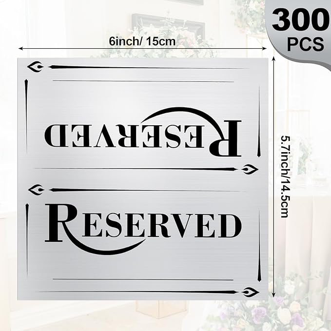 300 Pcs Paper Table Reserved Sign with Name Line Reserved Seating Signs Bulk Double Sided Signs for Reserving Seats Restaurant Wedding Reception Church Board Business Meeting (Silver Black)