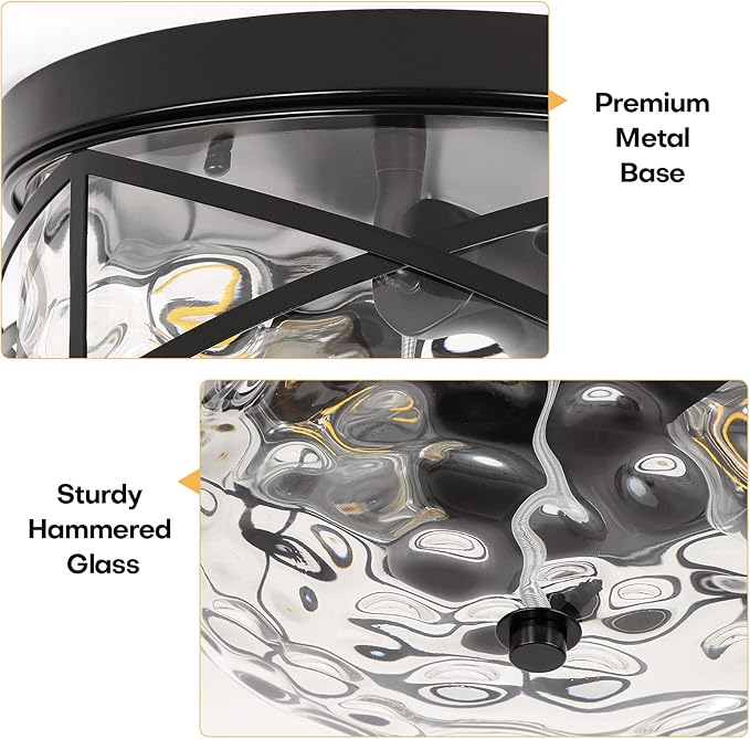 LamQee 9.8" Small Flush Mount Ceiling Light With Clear Hammered Glass, Black Hallway Light Fixtures Ceiling Mount for Bathroom, 2-Lights Farmhouse Close To Ceiling Light Kitchen Foyer Entryway Bedroom