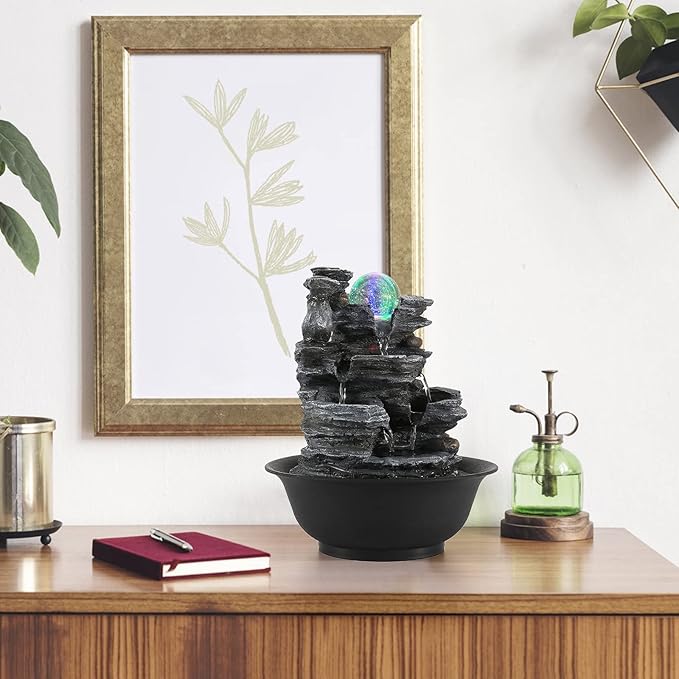 Dyna-Living Tabletop Water Fountain Indoor Waterfalls Fountains with Colored LED Light Decorative Feng Shui Tabletop Fountain with Automatic Pump Best Home Gifts for Friends or Family