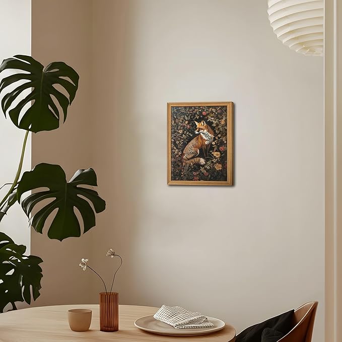 Framed 3D Textured Vintage Wall Art - Dark Academia Decor Hand Drawn Sandstone Fox Paintings with Botanical Florals, Aesthetic Wall Decor for Living Room Bedroom Home 8x10 inch