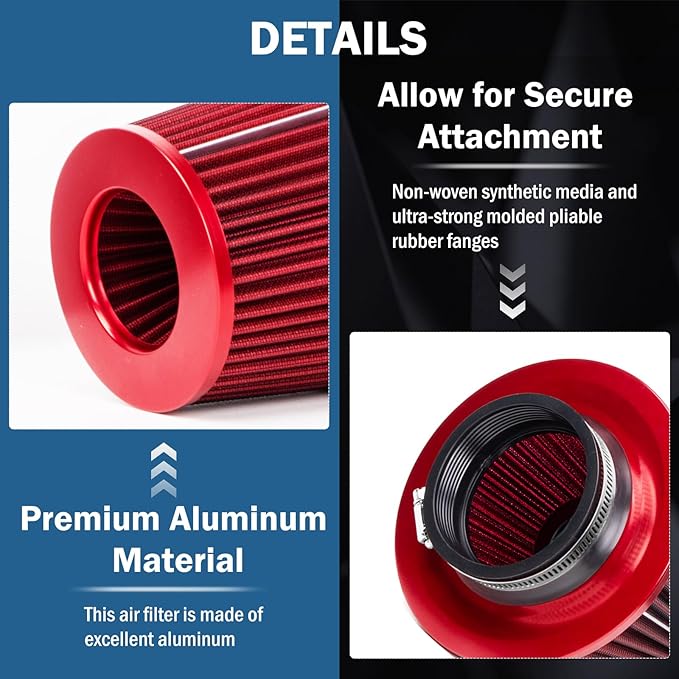 Universal Clamp-On Air Intake Filter, High Performance, Washable Filter, Replacement Air Filter, Flange Diameter 3inch/76mm (Red)