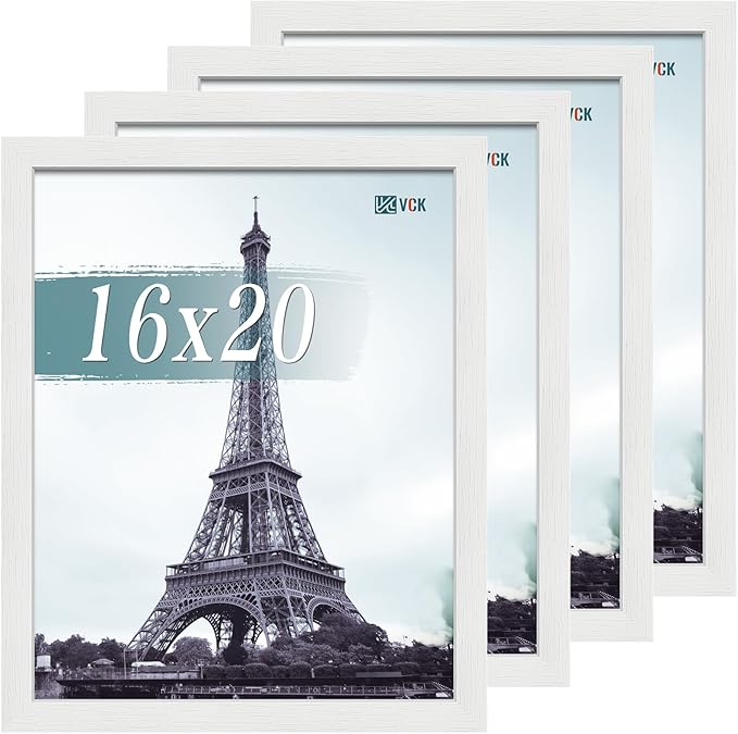 VCK 16x20 Picture Frame Set of 4 - White, Gallery-Quality Wood Poster Frames, 1.1-Inch Wide Border, Polished Plexiglass, Vertical or Horizontal Wall Display for Photo/Art/Prints, White
