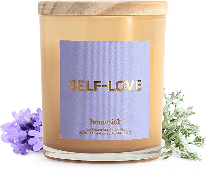 Homesick Scented Candles for Home (Self-Love) - 7.5 oz Long-Lasting Natural Soy Wax Blend Jar Candle Gift for Women & Men for All Occasions, 30-35 Hours Burn Time - Notes of Eucalyptus & Lavender