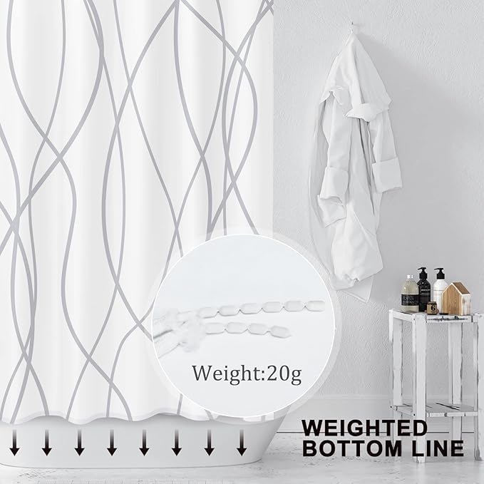 Punkray Grey and White Striped Polyester Shower Curtain for Bathroom with 8 Hooks, Weighted Hem, Waterproof Bath Accessories Hotel Style, 54 x 72