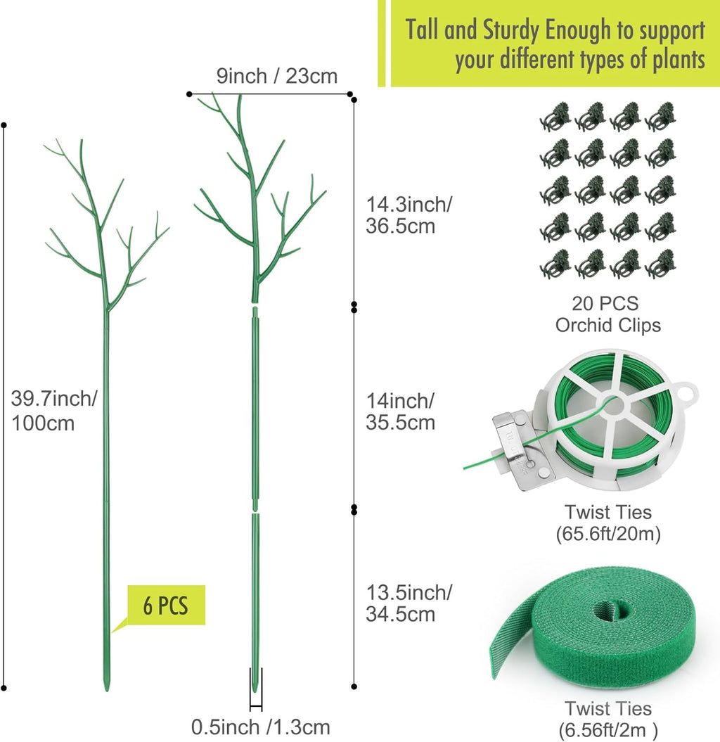 6 Pack Plant Support Stakes for Indoor Plants, 39.37 Inch Twig Plant Sticks with Orchid Clips Twist Ties and Plant Ties for House Potted Monstera Plants, Plastic Branches Support Structures, Green