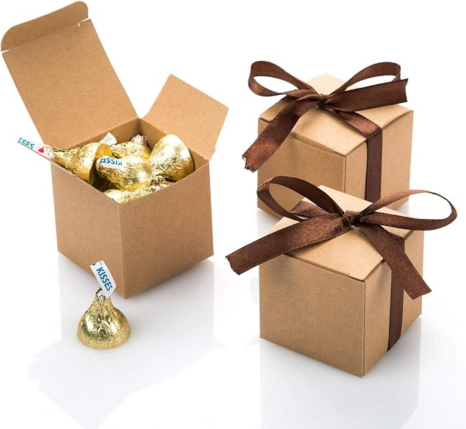 AWELL Kraft Gift Candy Box Bulk 2x2x2 inches with Brown Ribbon Party Favor Box,Pack of 50