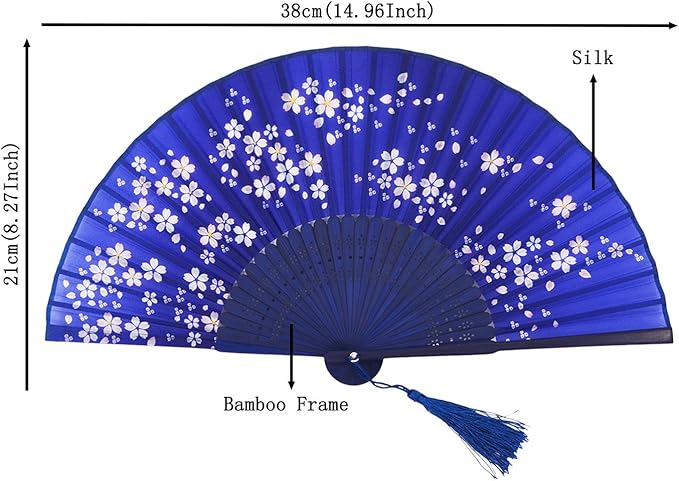 Amajiji 8.27"(21cm) Hand Held Bamboo Silk Folding Fan Hand Fan,Chinese/Japanese Charming Elegant Vintage Retro Style,Women Ladys Girls Best Gifts (Blue)