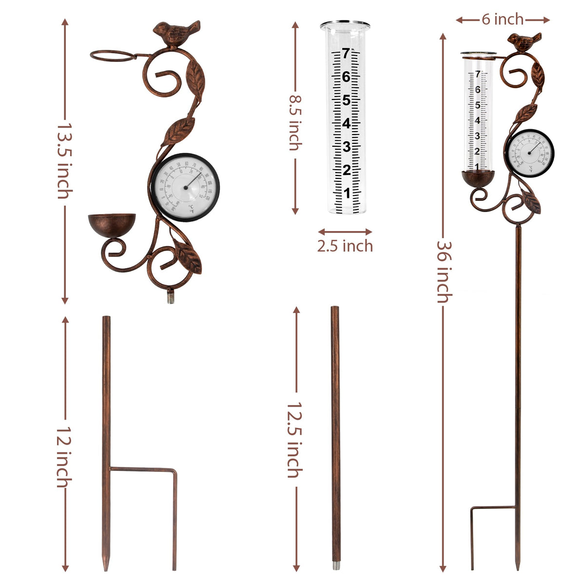 32" Garden Rain Gauge with Thermometer - 7" Glass Tube for Outdoor Indoor Use, Patio Yard Decor Statue