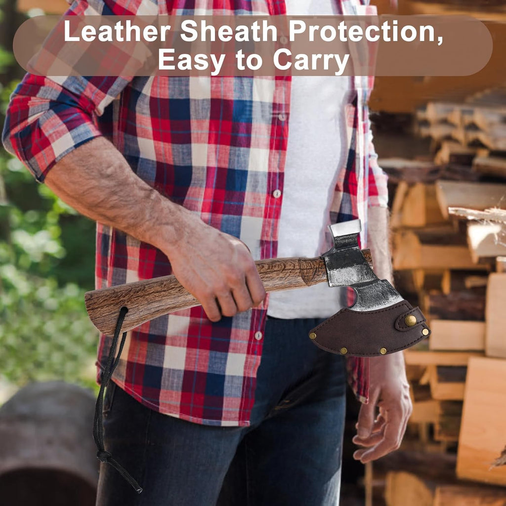 Wood Splitting Axe with Leather Sheath,Camping Hatchet with 10.74" Solid Handle,Bushcraft Axe with Hammering for Gardening,Chopping, Felling, Survival,Carving