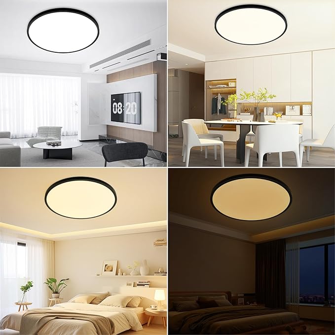 24 Inch Flush Mount Ceiling Light Fixture Dimmable with Remote Control, 56W, 5600 Lumen, Modern, Round, Black, for Kitchen, Dining Room, Bedroom, Living Room, Home Office