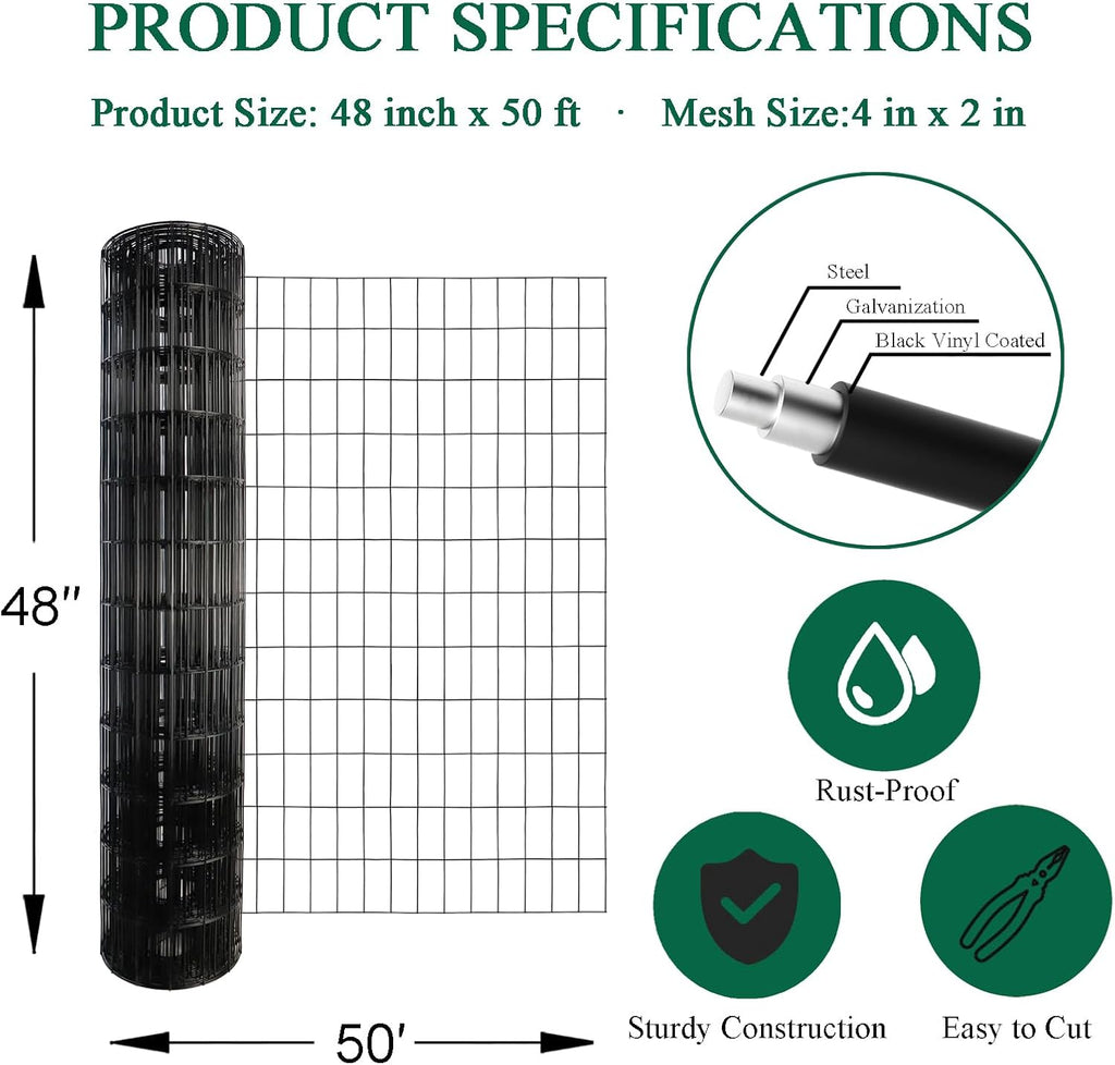 Black PVC Coated Welded Wire Fence 48 Inch x 50 Foot, 2 Inch x 4 Inch 14GA, Garden Border Fencing Roll Vinyl Coating Metal Wire Mesh Hardware Cloth for Yard Vegetable Plant Protection