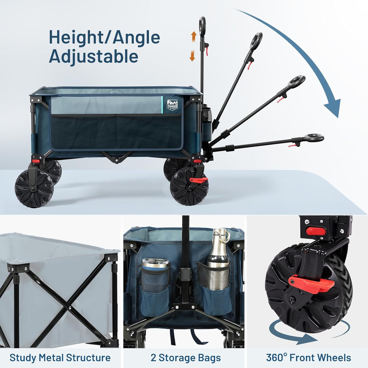 Timber Ridge Outdoor Collapsible Wagon with Brakes Utility Folding Cart Heavy Duty All Terrain Wheels for Shopping Camping Garden with Side Bag and Cup Holders, Blue