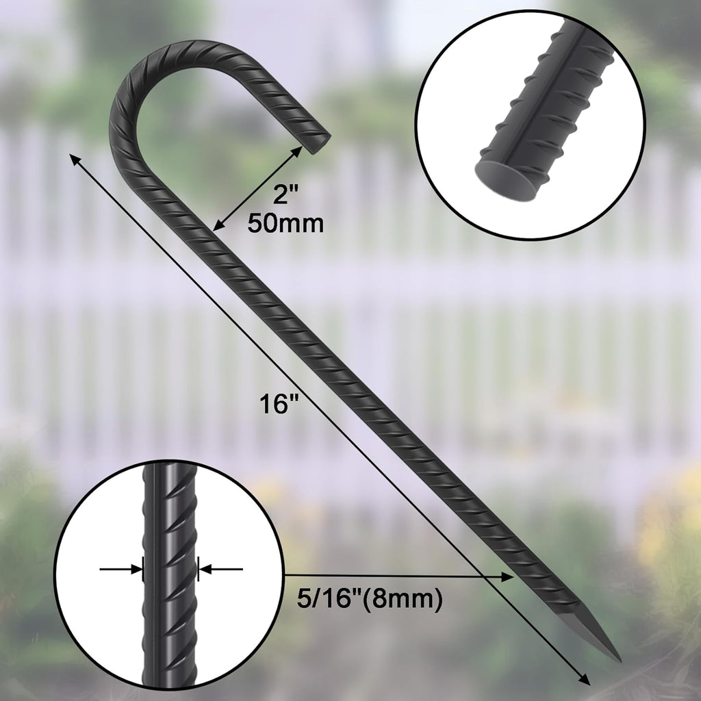 16 Inch Ground Rebar Stakes Heavy Duty J Hook Ground Anchors 40 Pack, Tent Stakes with Chisel Point End, Chain Link Fence Spikes for Bounce House, Gazebos and Outdoor Decorations Inflatables
