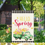 Hello Spring Flags for Outside,Buffalo Plaid Floral Truck Garden Flag for Yard Patio Lawn Decoration,12x18 Inch Double Sided