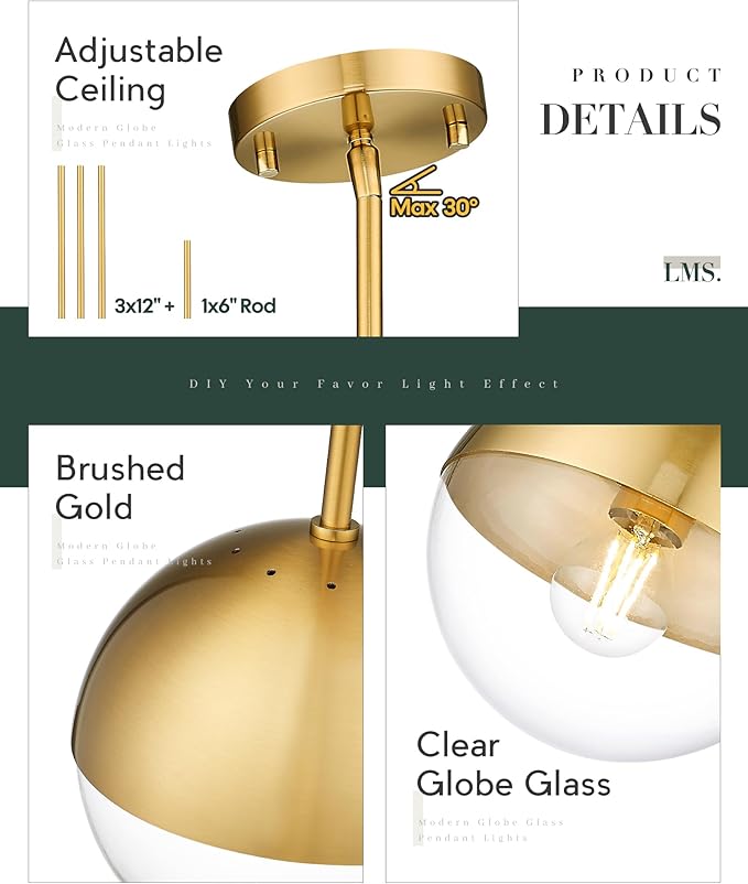 LMS Mid Century Pendant Light Fixtures, Brushed Gold Farmhouse Pendant Light with Clear Globe Glass Shade, Adjustable Hanging Rod Ceiling Light for Dining Room Bathroom Kitchen Island, LMS-186BGC