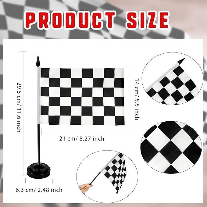 28 Pcs Black and White Checkered Racing Stick Flag Mini Race Car Office Table Desk Flags with Stand Base for Race Car Office Home Decorations and Party Celebrations