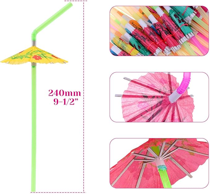 Paxcoo 100pcs Umbrella Straws - Hawaiian Luau Party Straws for Drinks Decorations (Assorted Colors)