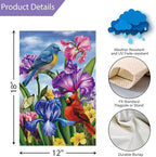 Louise Maelys Welcome Spring Summer Garden Flag 12x18 Double Sided Vertical, Burlap Small Cardinal Birds Irises Floral Yard House Outside Outdoor Seasonal Holiday Decoration
