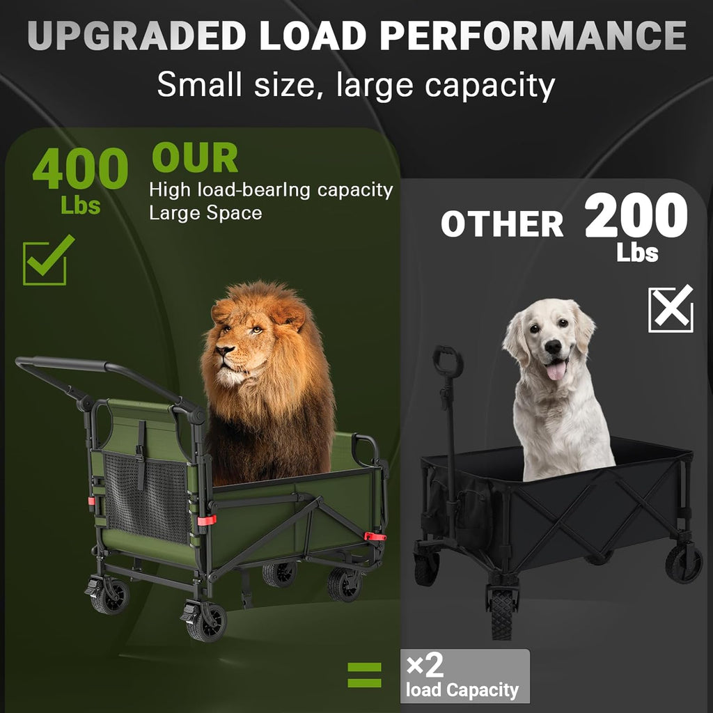 LEVELEVE Heavy Duty Folding Wagon - 2-in-1 Collapsible Cart, 400lb Capacity, All-Terrain Wheels w/Brakes & Side Pockets (Army Green)