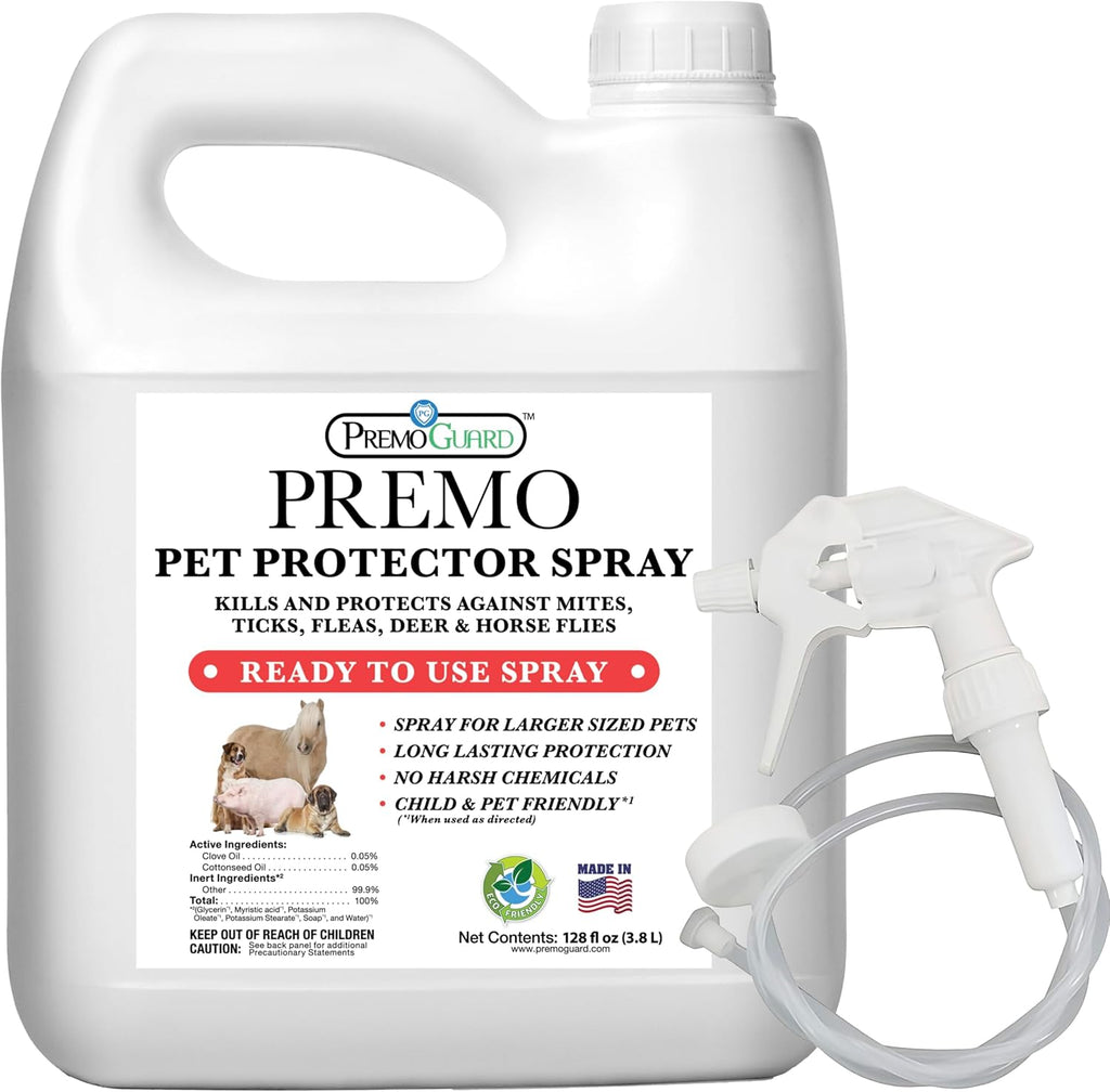 Premo Guard Pet Protector Spray - 128 oz - Kills Mites, Fleas, Ticks, & Mosquitoes - for Dogs, Cats, & Home - Natural Plant Based Oils for Control, Prevention & Treatment - Family Safe