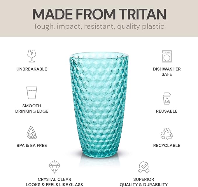 BELLAFORTE Shatterproof Tritan Plastic Tall Tumbler, Set of 4, 19oz - Laguna Beach Drinking Glasses - Unbreakable Tritan Drinking Glasses for Parties - BPA Free - Blue