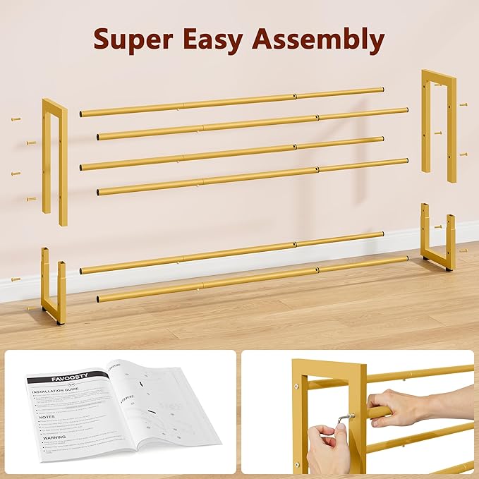 FAVOOSTY 3-Tier Expandable Shoe Rack, Adjustable Shoe Shelf Storage Organizer Space Saving Metal Free Standing Shoe Rack for Entryway Closet Doorway, Gold