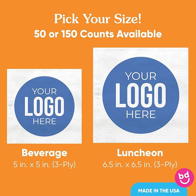 Big Dot of Happiness Custom Logo Party Napkins, Personalized Corporate Branded Business Decor, Your Logo Here White 3-Ply Paper Luncheon Napkins - 50 Count