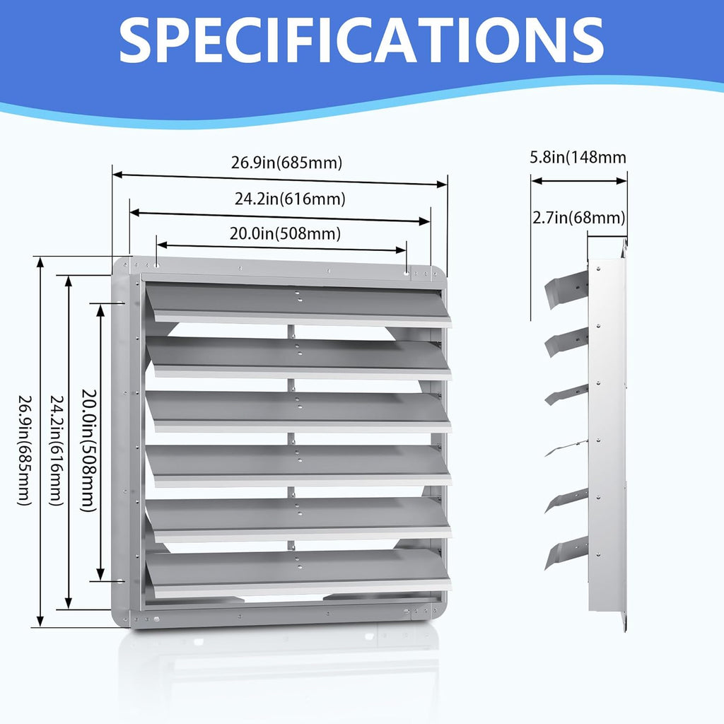 24 Inch Galvanized Shutter Exhaust Louver Vent, Automatic Gravity Shutter Louver Vent for Home Attics, Workshops, Barn, Greenhouse (Motor&Blades are not Included)