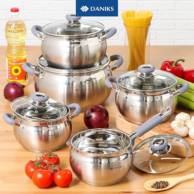 Daniks Modern 10-Piece Stainless Steel Induction Cookware Set – Dishwasher Safe Saucepan, Pots with Heatproof Handles, Glass Lids, Silver