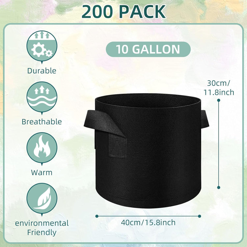 200 Pack 10 Gallons Grow Bags, Non-Woven Fabric Pots Plant Bags, Plant Grow Bags with Handles, Garden Plant Bags for Potatoes, Carrots, Tomatoes and Other Vegetable,Fruits