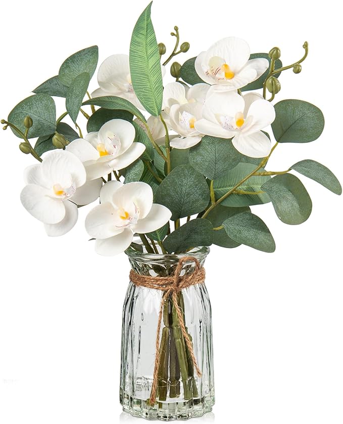 White Orchids Artificial Flowers with Vase Fake Flowers in Vase Artificial Eucalyptus Stems in Glass Vases with Faux Water Faux Orchid with Eucalyptus Leaves Arrangement for Dining Table Centerpiece