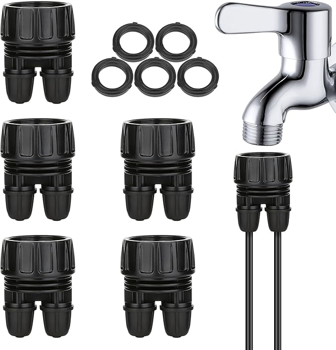 Drip Irrigation Hose Connectors,1/4 Inch Drip Irrigation Tubing x 3/4 FHT Swivel Lock Barbed Dual Hose Adapter, Convert 3/4" Garden Hose to 1/4" Drip Irrigation Parts-5 Pack