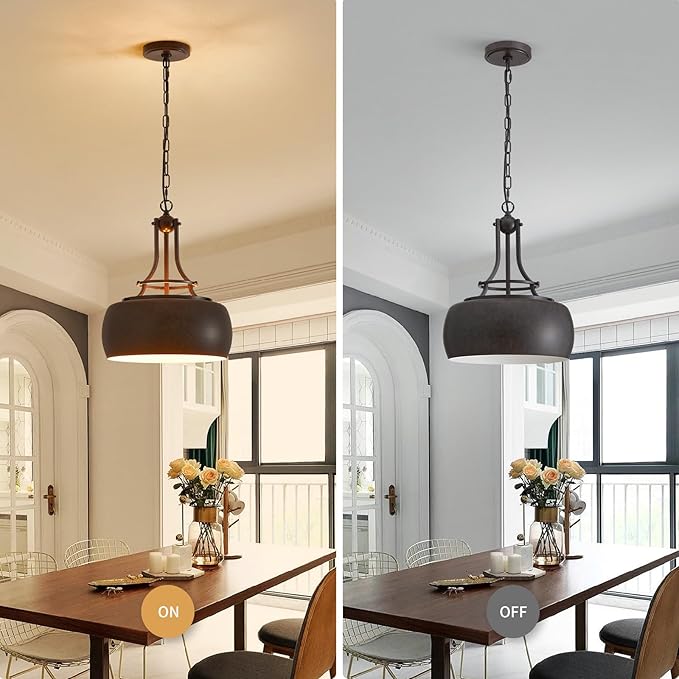 WUZUPS Chandelier Rustic Farmhouse Industrial Round Ceiling Pendant LED Light Fixture with Open Bottom Drum Shade, H 15.7" x W 13.4", Distressed Rust