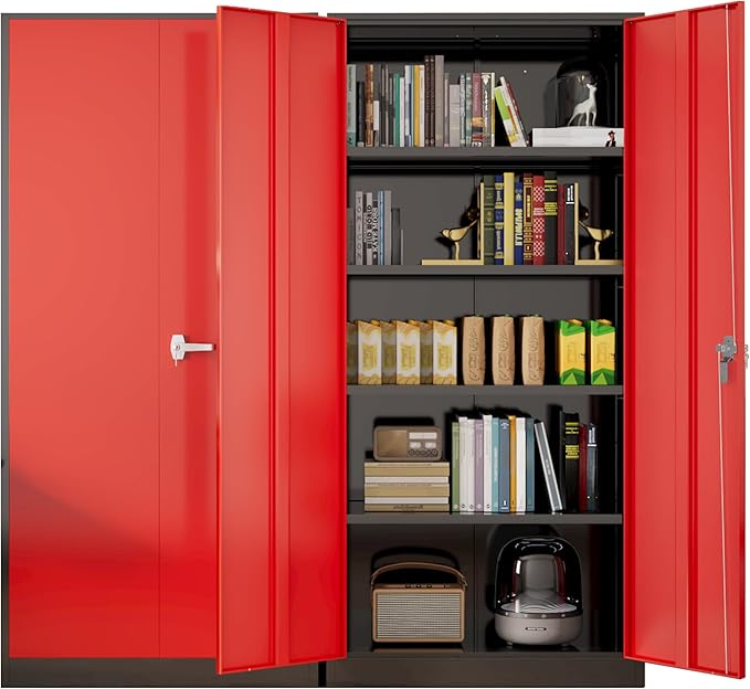 Greenvelly Metal Garage Storage Cabinet with Doors and Adjustable Shelves,72" Steel Lockable File Cabinet for Home Office,Garage,School(Black Red,32" W x 16" D)